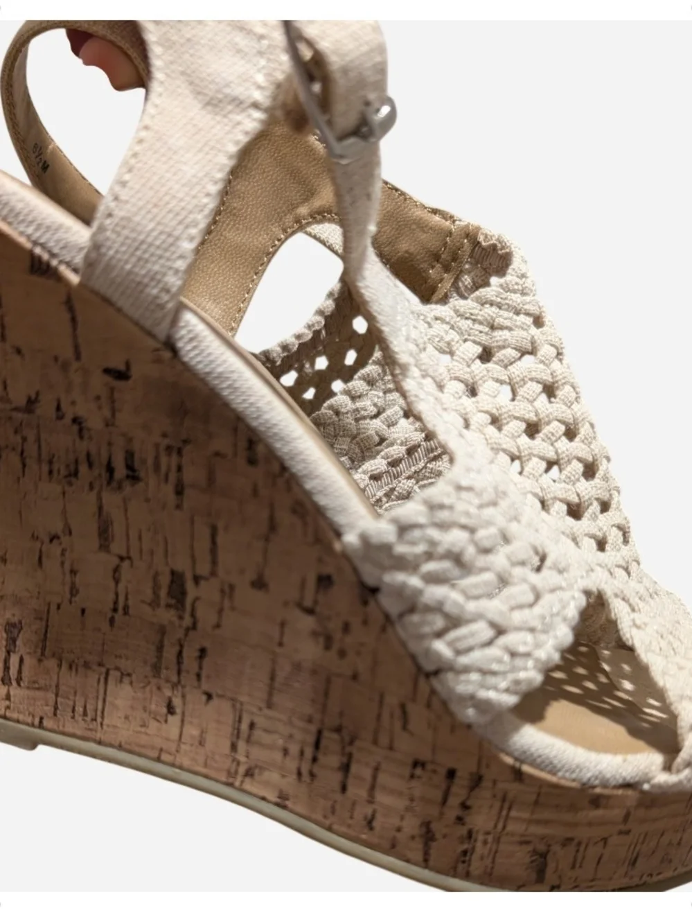Woven Cream Wedge Sandals by SO